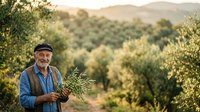 Senior male farmer holding fresh olive branches in Mediterranean orchard during harvest season, wearing cap and blue shirt, with rolling hills and olive trees in background.
