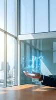 Businessman holding glowing holographic financial charts and globe in modern office, symbolizing data analytics and global business growth.