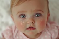 Close-up portrait of crying baby with blue eyes, rosy cheeks, and tears on face wearing pink patterned clothing against soft white background.