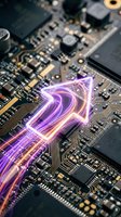 Computer circuit board with glowing purple arrow showing data flow and electronic components for technology and innovation concepts.