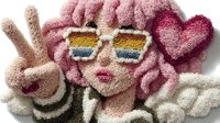 Young woman with pink hair and rainbow sunglasses making peace sign gesture, fluffy textured art style with heart symbol, isolated on white background.