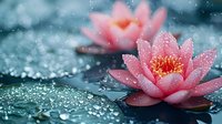 Pink water lily flowers with water drops on petals floating on turquoise water surface in soft focus. Tranquil zen garden atmosphere with bokeh effect and morning dew.