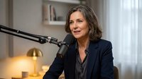 Professional middle-aged Caucasian businesswoman speaking into podcast microphone in modern office setting for media interviews and corporate communication.