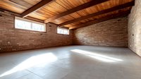 Empty spacious room with exposed brick walls, wooden ceiling beams, and natural light streaming through high windows onto polished concrete floor.
