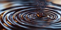 Mesmerizing concentric ripples form in dark liquid as droplet creates heart-shaped splash, captured in macro photography against blurred background. Suitable for valentine designs.