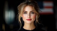 Young Caucasian woman with natural makeup, blonde hair in loose updo style, blue eyes and red lipstick smiling at camera against dark background. Professional portrait with soft lighting.