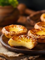 Portuguese egg tarts with crispy golden pastry and creamy custard filling on rustic wooden plate. Close-up view shows flaky layers and caramelized top surface.
