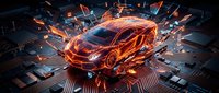 Futuristic sports car with glowing orange energy effects on dark circuit board background. Digital automotive technology concept for modern design projects.