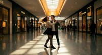 Young couple dancing together in modern shopping mall corridor with warm lighting and storefronts creating romantic urban lifestyle moment.