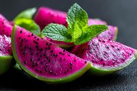 Fresh pink watermelon slices garnished with mint leaves on dark background, vibrant colors and water drops showcase juicy texture for food photography and design.