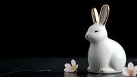 White ceramic bunny figurine with delicate pink cherry blossoms on dark marble surface against black background, minimalist decorative composition for spring and Easter season.