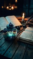 Mystical fluorite crystal with ancient books and candle creating magical atmosphere for spiritual practices and esoteric studies on wooden table.