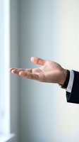 Male professional hand in business suit with open palm gesture against neutral background, conveying offering, presentation, or agreement concept.