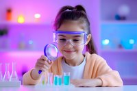 Young girl in protective glasses examining test tubes with magnifying glass in colorful science laboratory setting with pink and blue lighting effects.