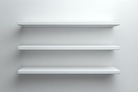 Empty white shelves on light wall with soft shadows, minimalist modern interior design element for product display and organization.