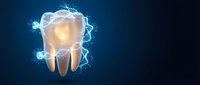 Glowing tooth with electric energy effects on dark blue background for dental care and oral health concepts.