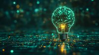 Glowing lightbulb with digital network pattern emitting green light on dark background with bokeh effects, representing innovation and technological advancement.
