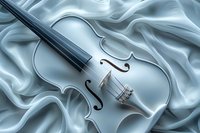 White violin on light blue silk fabric with elegant folds and soft shadows creating romantic atmosphere for classical music and artistic compositions.