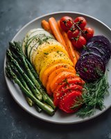 Colorful vegetable platter with sliced tomatoes, carrots, beets, asparagus and fresh herbs arranged on white plate against dark background for healthy eating concept.