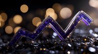 Glowing purple zigzag neon line on dark background with golden bokeh lights and sparkles creates modern abstract composition for nightlife and entertainment designs.