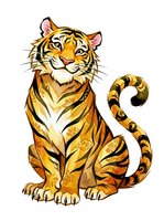 Stylized tiger cub with golden stripes sitting upright, isolated on white background. Decorative feline illustration suitable for children's designs, apparel, and graphic projects.