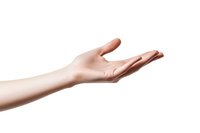 Female hand with open palm gesture against white background, isolated cutout showing graceful reaching movement for presentation or product placement.