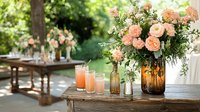 Romantic garden party setting with peach roses and mixed flowers in vintage glass vases, refreshing drinks on rustic wooden table, natural outdoor lighting.