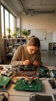 Young Caucasian female engineer working on electronic circuit boards in modern office workspace with tools and components for technology development.