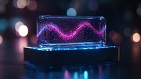 Glowing pink wave pattern floating in glass display case with blue illuminated base against dark background with bokeh lights creates futuristic atmosphere.