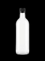 Empty glass bottle with black screw cap isolated on transparent background, ready for beverage packaging design, labels, print-on-demand products, and commercial mockups.