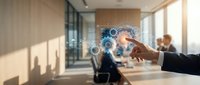 Businessman hand touching digital holographic interface with gears and network connections in modern office environment for technology innovation concepts.