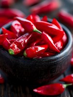 Fresh red chili peppers in dark ceramic bowl on slate surface. Vibrant spicy ingredients for cooking, food preparation, and culinary design projects.