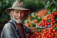 Senior Caucasian farmer with gray beard and hat smiling while harvesting fresh ripe tomatoes in garden. Natural organic produce growing concept.