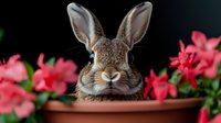 Curious brown rabbit peeking from behind pink flowers in terracotta pot, close-up portrait against dark background. Garden photography with selective focus.