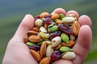Handful of mixed nuts and dried fruits including almonds, pistachios, cranberries and pumpkin seeds against blurred natural background, healthy snack concept.