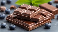 Broken dark chocolate bar pieces stacked with fresh blueberries scattered around on dark background, macro food photography with selective focus.