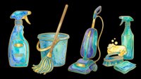 Watercolor cleaning supplies set isolated on transparent background, ready for t-shirt design, stickers, clipart, print on demand, and sublimation projects.