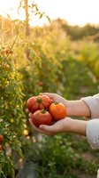 Fresh ripe tomatoes cupped in hands during golden hour harvest in organic vegetable garden with warm sunlight filtering through plants.