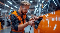 Caucasian male mechanic in safety vest and protective glasses polishing orange vehicle surface in modern auto service garage with professional equipment.