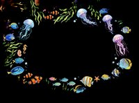 Colorful ocean frame with tropical fish, jellyfish, seahorses, and seaweed, isolated on transparent background. Ready for cards, stickers, t-shirt design, and print on demand.