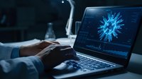 Medical researcher analyzing blue coronavirus structure on laptop screen in modern laboratory environment for scientific study and vaccine development.