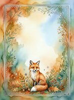 Watercolor fox sitting among autumn leaves and wildflowers in a decorative floral frame with soft pastel background and copy space.