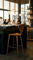 Modern bar counter with wooden stool, pendant lighting, and blurred diners in upscale restaurant interior. Suitable for hospitality, design, and lifestyle marketing.