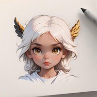 Young girl with white hair and golden wings portrait in anime style, big brown eyes and soft features on light background. Digital art character design.