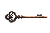 Vintage copper skeleton key with ornate fleur-de-lis bow design and decorative scrollwork pattern isolated on white background for antique collections and design projects.