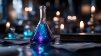 Glowing blue potion in glass flask on wooden table with candles creating magical laboratory atmosphere for fantasy and science fiction concepts.
