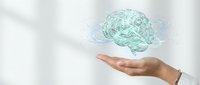 Digital brain hologram floating above open palm representing artificial intelligence, machine learning, and futuristic technology concepts for business innovation.