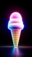 Neon ice cream cone with vibrant pink and blue glowing lights on dark background for summer dessert advertising and food service marketing.