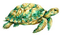 Isolated sea turtle with geometric faceted shell in gold and emerald tones, rendered in low-poly style. Suitable for wildlife design, educational materials, and decorative applications.
