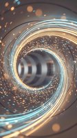 Abstract tunnel with concentric glowing rings of warm gold and cool blue light, swirling particles and bokeh effects creating depth and motion through the center.